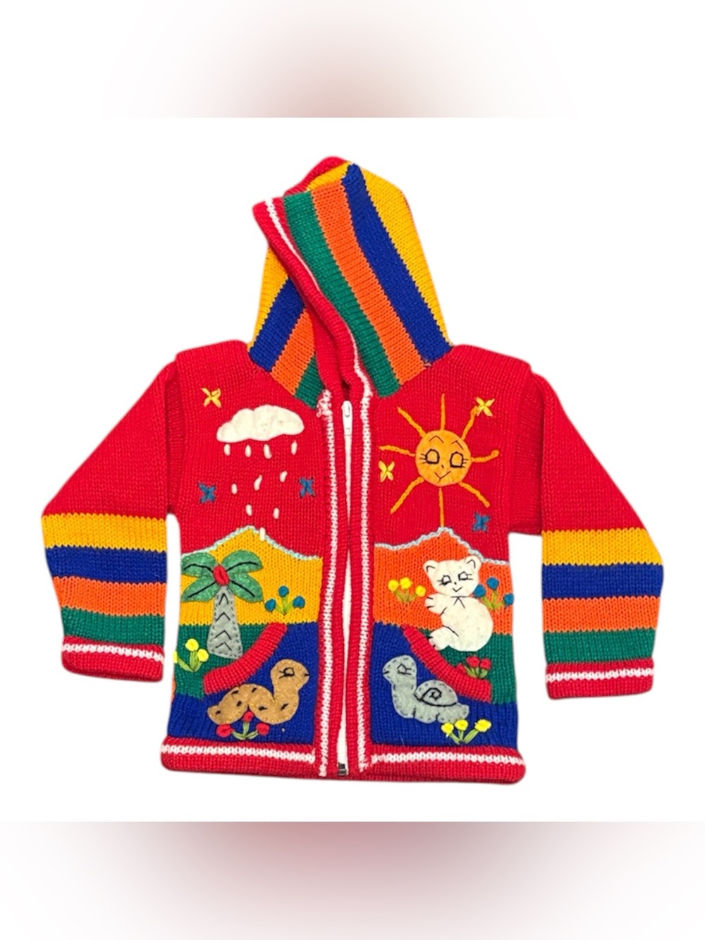 Peruvian Colorful Hand-Knit Red Kids Hoodie with Sun & Animal Appliqués Cat